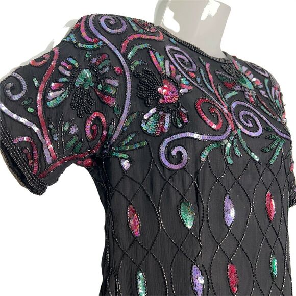 Vintage 90s Size Small Black Multicolor Sequin Cocktail Dress Silk Evening Party - Picture 4 of 7